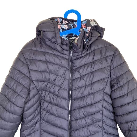 QLZ Girls Sz 12 Reversible Puffer Jacket Quilted Hooded Black / Tropical - Picture 2 of 16